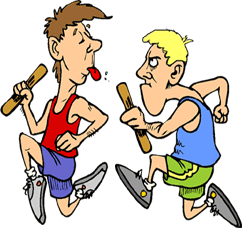 funny cartoon of two olympic runners with batons, the one in front is looking over his shoulder, blowing a raspberry to the one behind