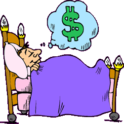 Cartoon of man sleeping, dreaming of money