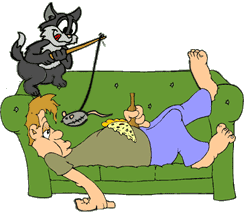 funny cartoon of college student lying on couch, cat is annoying him by dangling a mouse on a string near his face