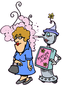 funny cartoon of old lady getting sprayed by the perfume o bot