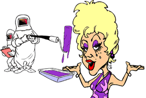funny cartoon of tammy faye getting her hideous eye makeup put on with a paint roller by makeup me in white chemical spill suits