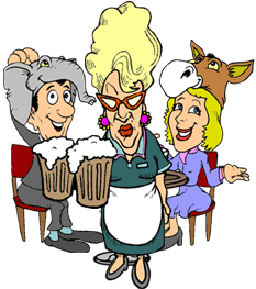 funny cartoon of southern waitress serving two patrons, one dressed as a donkey and the other as an elephant