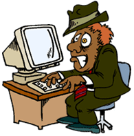 cartoon image of mobster cyber-junkie at computer with bugged-out eyes