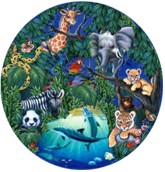 collage of species in jungle, including lion, snake, zebra, panda, elephant, giraffe