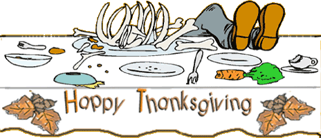 funny cartoon of man at thanksgiving dinner table who has eaten so much he has fallen over
