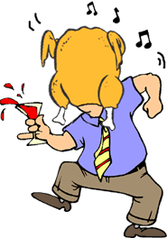 funny cartoon of man wearing a raw turkey on his head, dancing, holding a glass of cranberry schnapps