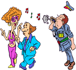 funny cartoon of fashion police man blowing whistle at two bad dressers