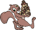 cartoon image of squirrel carrying away a pile of nuts