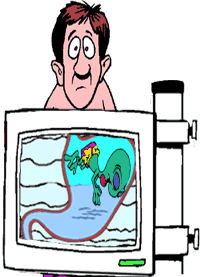 funny cartoon of man in front of x-ray machine, image shows an alien in swimming trunks is diving in his stomach