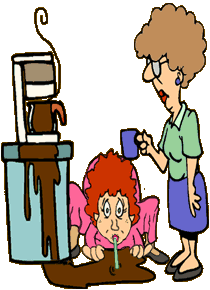 funny cartoon of coffee pot that has overflowed; coffee-addicted woman is using straw to slurp coffee off floor