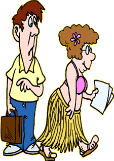 funny cartoon of two people at work; man in casual business dress is looking surprised at business woman wearing grass skirt and bikini top