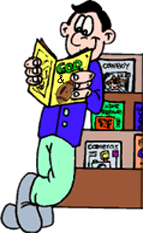 cartoon of guy at magazine rack reading a magazine titled 'God'