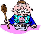 graphic of a boy eating a bowl of pharm cereal, boy has three eyes