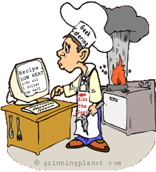 funny cartoon of chef who works for Geek Catering; he's getting recipe off computer screen, stove in background is on fire