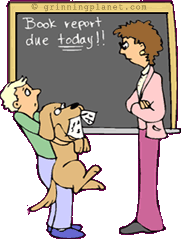 funny cartoon of kid turning in homework to teacher by holding up his dog who is eating the homework