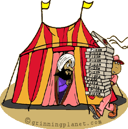 funny cartoon of sultan in tent getting a pizza delivery