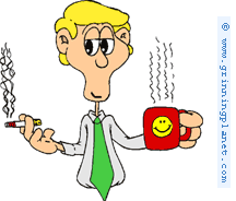 cartoon of man holding cigarette and cup of coffee