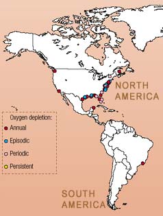 map of North and South America showing locations of coastal dead zones, primarily on the east and south coasts of the U S