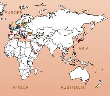 map of Africa, Europe, Asia and Australia showing locations of coastal dead zones, primarily on the north and south coasts of Europe and the southern coast of Japan