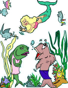 Funny cartoon of husband fish and wife fish; he is looking at a pretty mermaid who is waving; the wife is scowling with her arms folded
