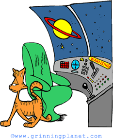 funny cartoon of nonchalant cat walking past abandoned space station console