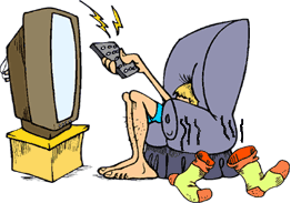 funny cartoon of smelly man watching television, his socks are walking away by themselves