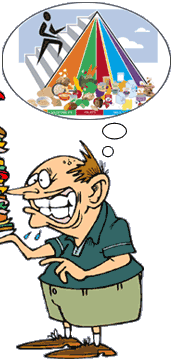 funny cartoon of man rationalizing that his overloaded sandwich is healthy because it covers all sectors of the food pyramid