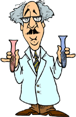 cartoon of scientist in lab coat holding a pink test tube and a blue test tube