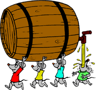 funny cartoon of three little mice running away carrying a keg of beer; a fourth mouse is trailing behind guzzling off the tap