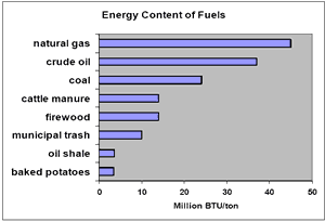 graph of the energy of various fuels; shows that natural gas, crude oil and coal have the best energy content, followed by cow manure, firewood and trash. Oil shale comes next, and only a baked potato has less energy - slightly.