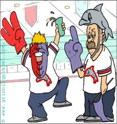 Funny sports fan cartoon - one fan has a foam hand with one finger (i.e. we're number one) and is looking displeased at drunk other fan that has foam hand with three fingers