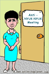 cartoon of woman outside door that says Anti Nyuk Nyuk meeting
