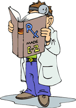 cartoon of doctor reading book titled R x made easy