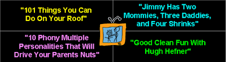 gags for this bit; A) Things You Can Do On Your Roof; B) Jimmy Has Two Mommies, Three Daddies, and Four Shrinks; C) 10 Phony Multiple Personalities That Will Drive Your Parents Nuts; D) Good Clean Fun With Hugh Hefner