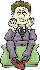 cartoon of man sitting glumly, with head on hands