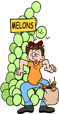 cartoon of man being hit on head by melon that has fallen off a tall stack of melons