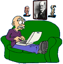 cartoon of man sitting on couch with laptop, picture of Freud in background on wall