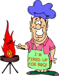 funny cartoon of guy barbecuing in back yard with flame way to high while he roasts hot dog on a stick