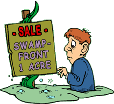 funny cartoon of man waist-deep in swamp looking at for sale sign that says swamp-front property