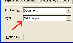 picture of option in MS Word for printing only odd pages
