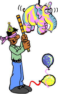 funny cartoon of man at political birthday party trying to hit a pinata shaped like an elephant, the symbol of the Republican party