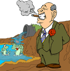 funny cartoon of a happy corporate fat-cat smoking a cigar near effluent-pipe exit while toxic waste pours on the heads of two hapless fish