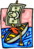 graphic of man in sailboat; large dollar bill is the sail