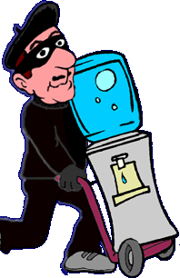 funny cartoon of cat burglar stealing office water cooler