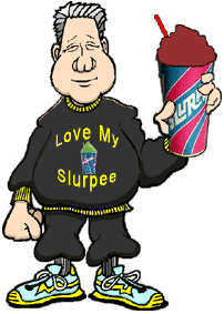 Funny cartoon of Bill Clinton holding a big slurpee; Bill Clinton's t-shirt says Love My Slurpee