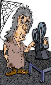 Funny cartoon of zombie lady running news reel projector