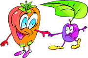 cute graphic of animated vegetable holding hands with an animated fruit