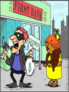 funny cartoon of robber who has just held up a bank who is now getting held up by little old lady with a machine gun