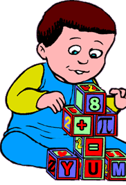 funny cartoon of little boy playing with lettered and numbered blocks; he has spelled 8 + pi = yum