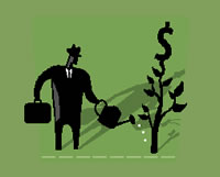 graphic image of business man watering a money tree